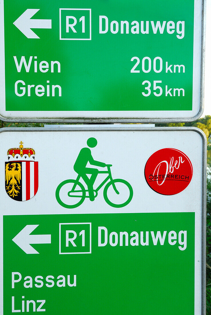 Sign Danube Cycle Route Passau to Vienna, Mauthausen, Upper Austria, Austria