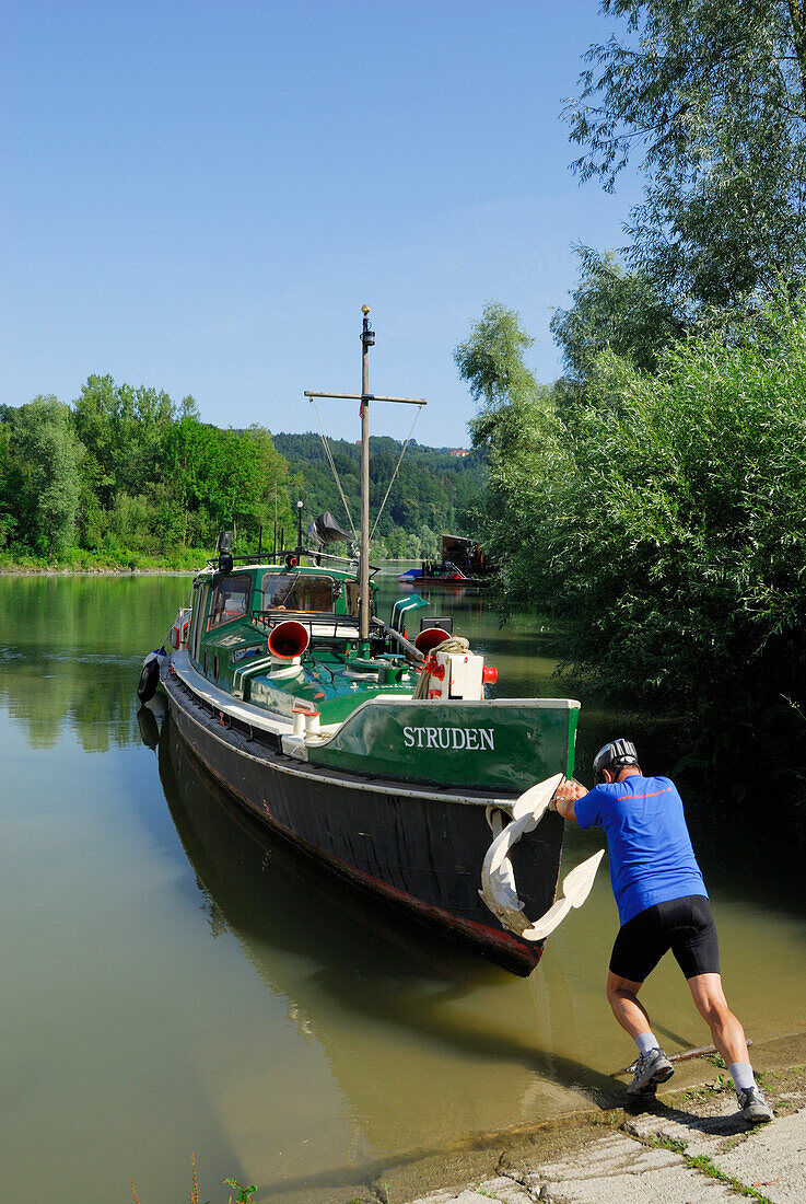 Cyclist pushing boat from riverbank into Danube, Ardagger Markt, Lower Austria, Austria