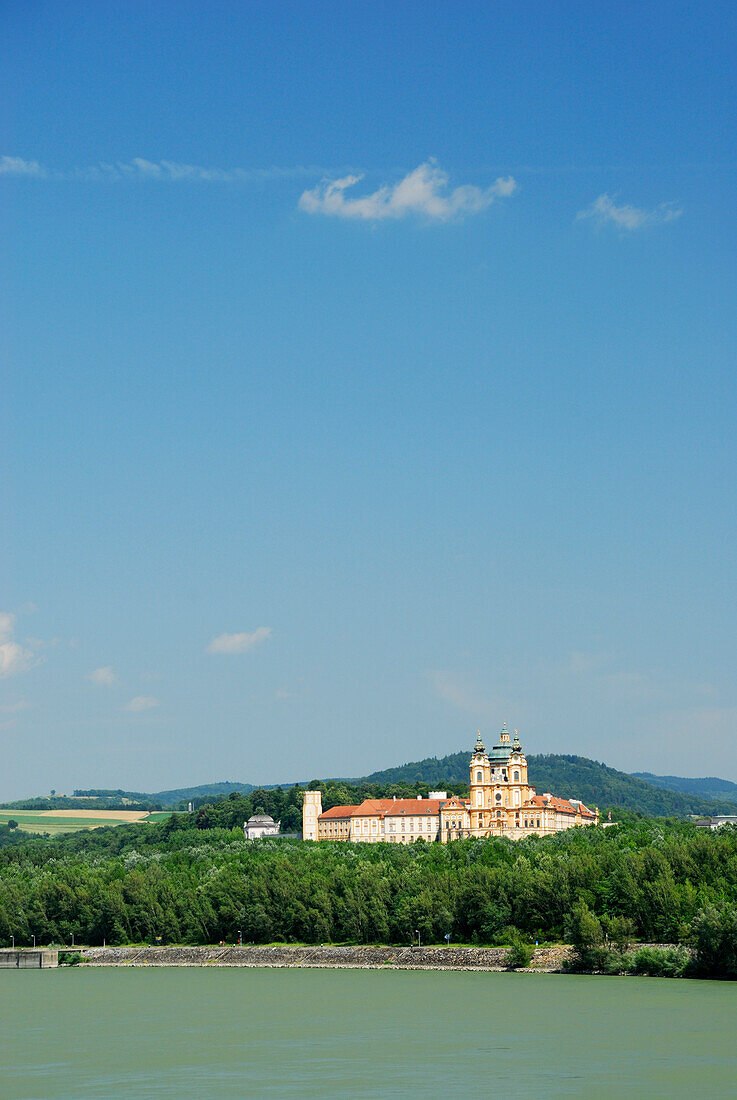 View over Danube river to Melk Abbey, Wachau valley, Lower Austria, Austria