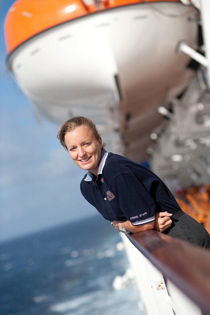 German hostess Bettina Bauknecht on the cruise ship Queen Mary 2