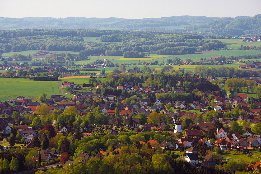 View from Wittekindsberg at Holzhausen with windmill, Westfälische Mühlenstraße (Westphalian Mill Road), Porta Westfalica, Westfälische Pforte, North Rhine-Westphalia, Germany, Europe