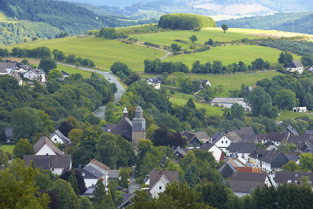 View over Hesborn, Hallenberg, Rothaargebirge, Sauerland, North Rhine-Westphalia, Germany