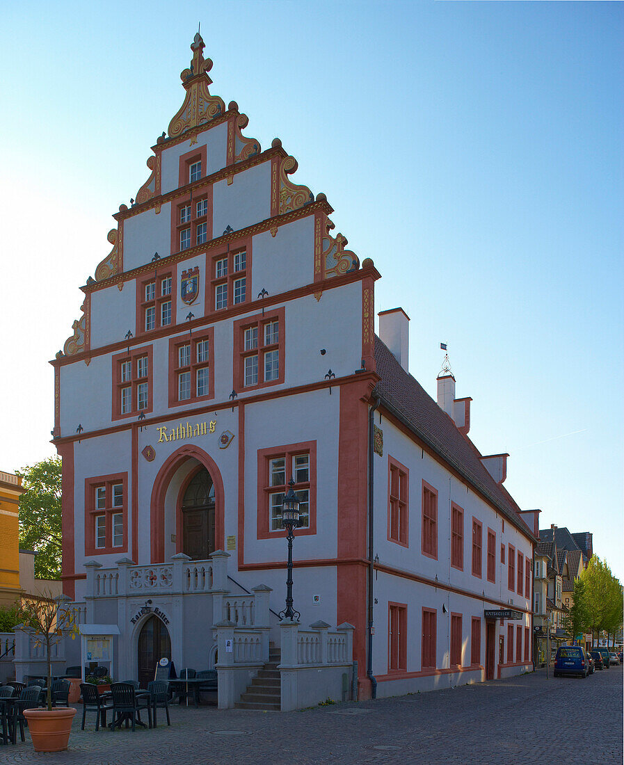 Old town hall with Renaissance frontone, Market Place of Bad Salzuflen, Straße der Weserrenaissance, Lippe, North Rhine-Westphalia, Germany, Europe