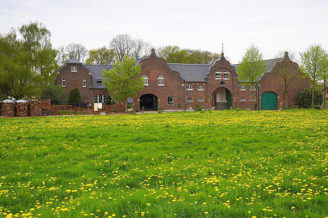 Landschaft und Hof: Schlick (Wachtendonk), Frühling,  Kreis Kleve, Niederrhein, Nordrhein-Westfalen, Deutschland, Europa