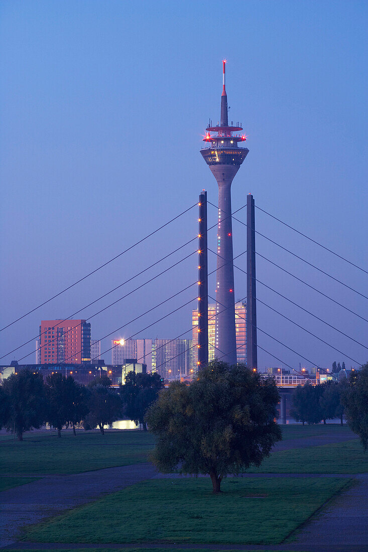 Morning, View from Düsseldorf - Oberkassel at Düsseldorf with Television Tower (Rheinturm) and Rheinkniebrücke (bridge), Lower Rhine, North Rhine-Westphalia, Germany, Europe