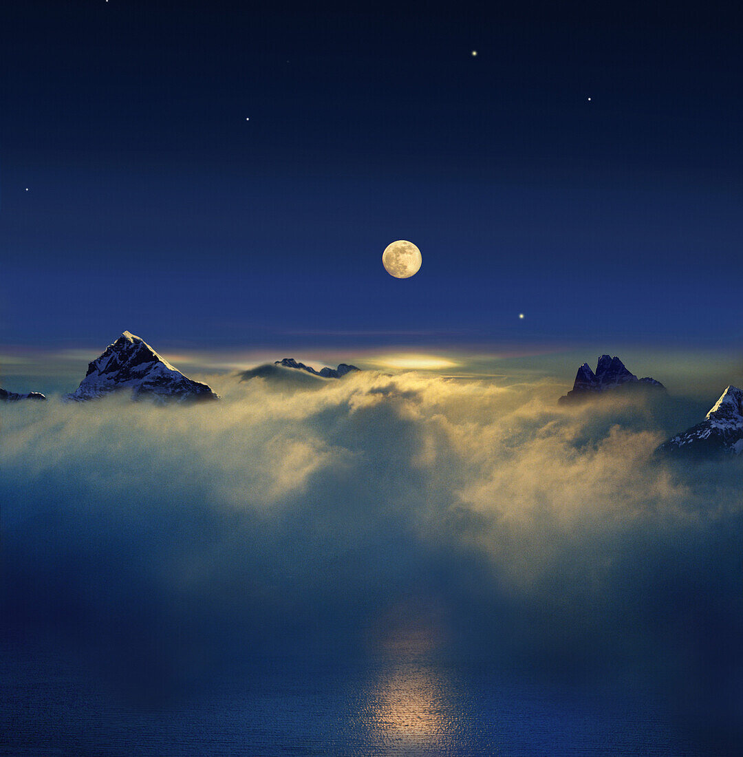 Moonrise above mountain peaks in a sea of clouds, Spitzbergen, Norway, Europe