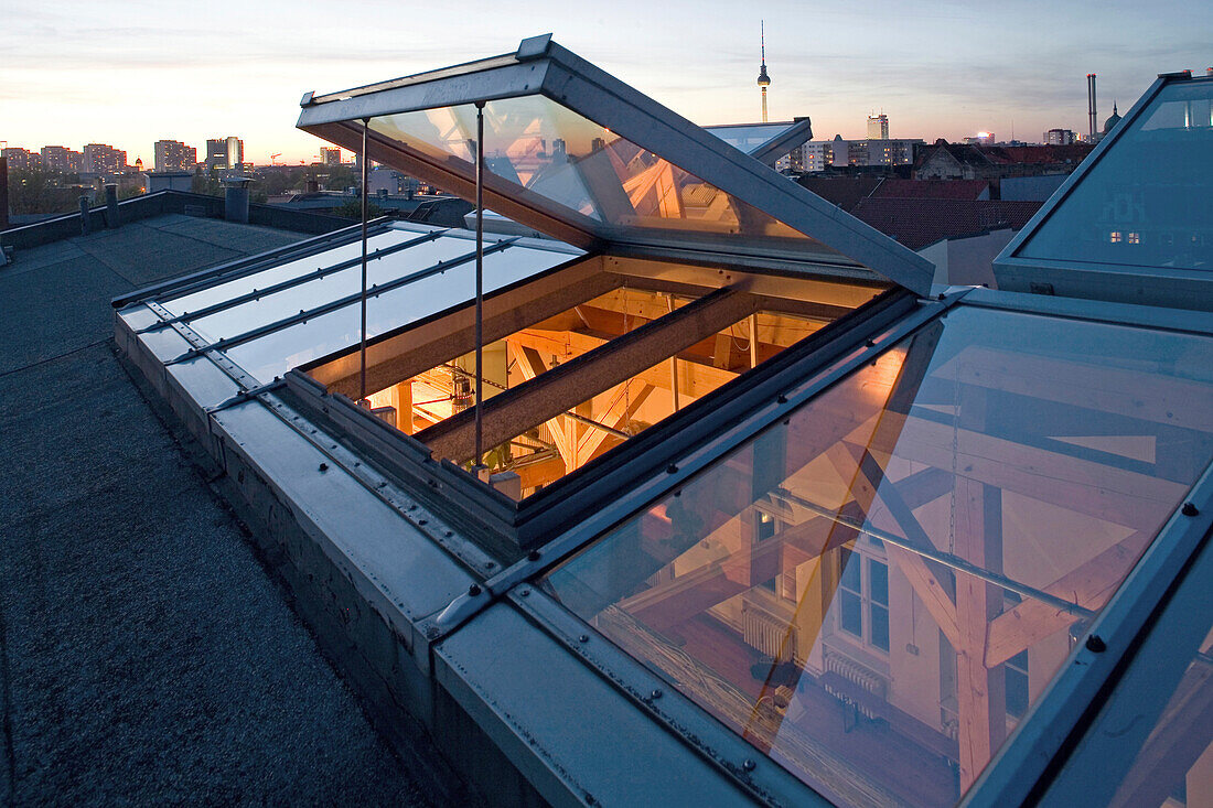 above the glass roof of a loft apartment, loft living, Berlin, Germany