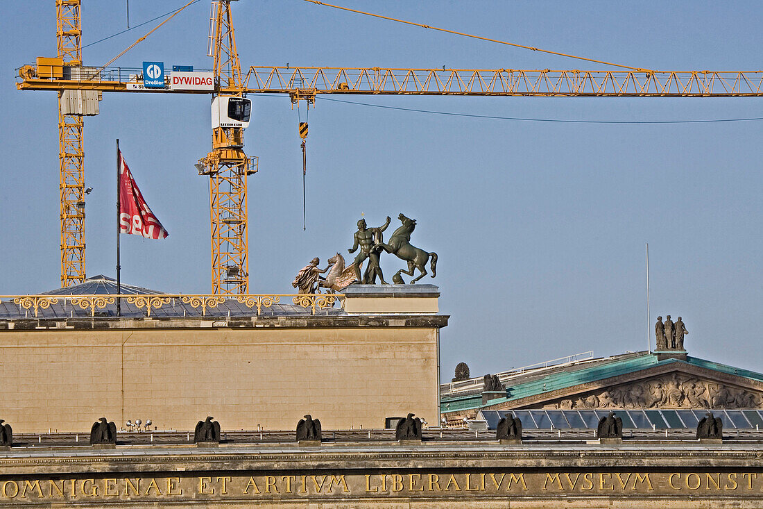 Rooftop of the Altes Museum, construction cranes in background, architect Karl Friedrich Schinkel, Museum Island, Berlin, Germany