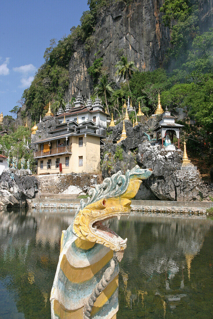 A wayside monastery with dragon statue, Moulmein, near, Burma