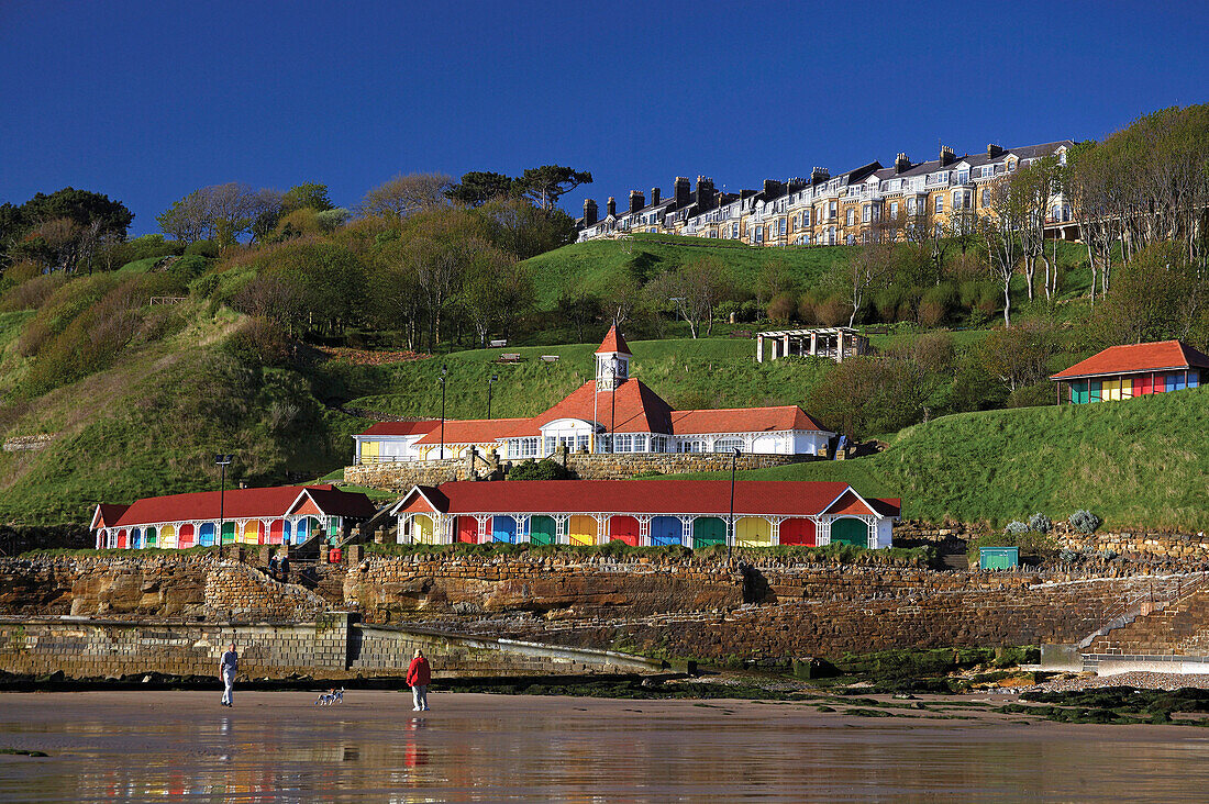 Colourful beach huts along South Cliff, Scarborough, Yorkshire, UK, England