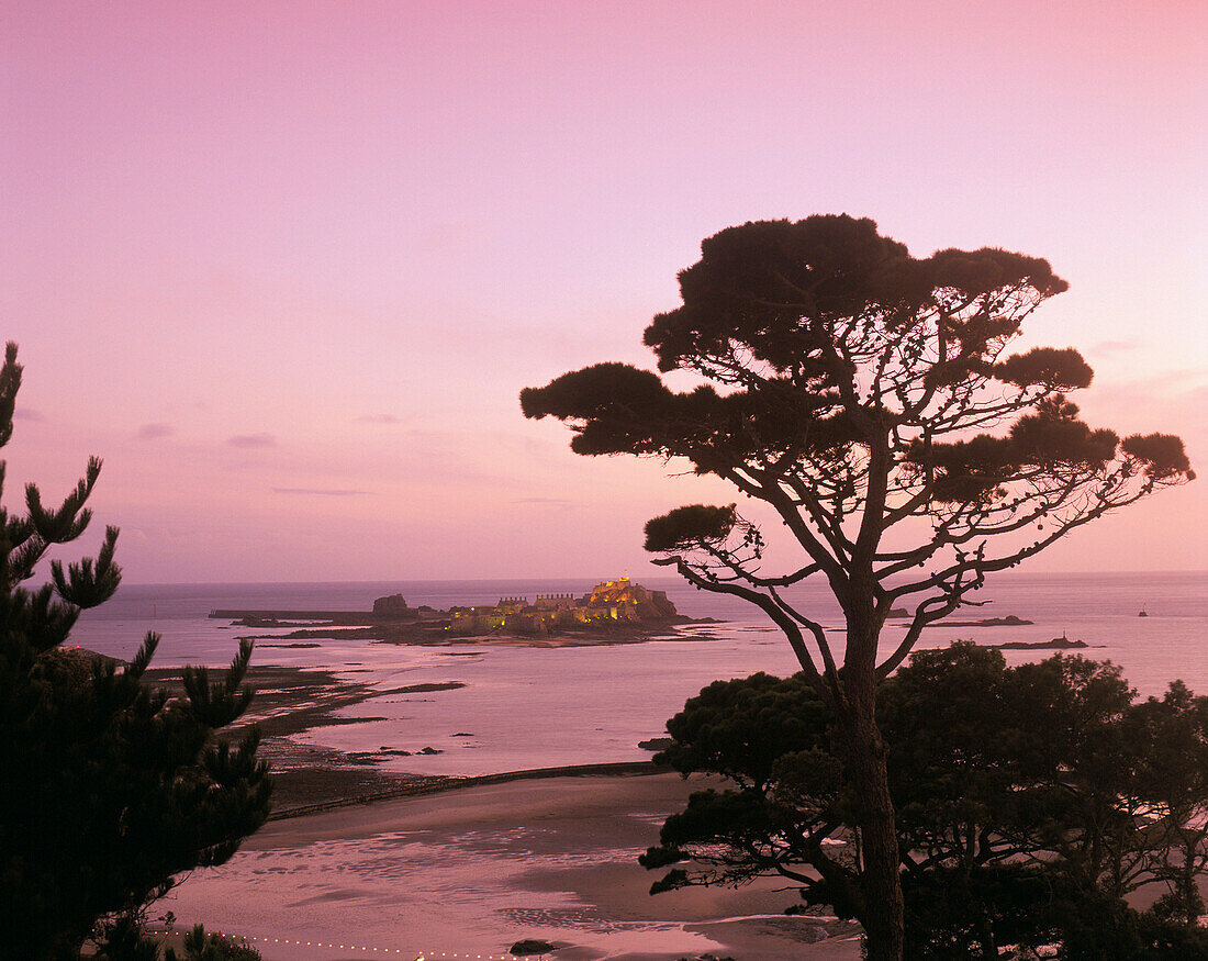 View to Elizabeth Castle at sunset, St Helier, Jersey, UK, Channel Islands