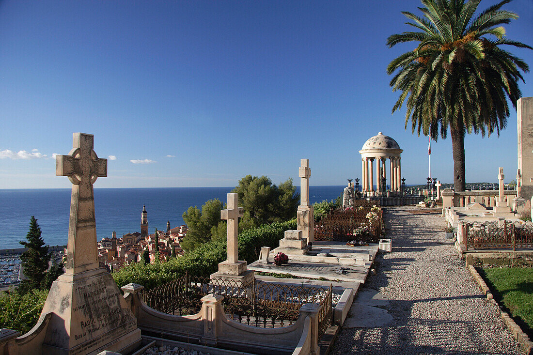 View to Basilica St Michel from cemetery, Menton, Cote d'Azur, France