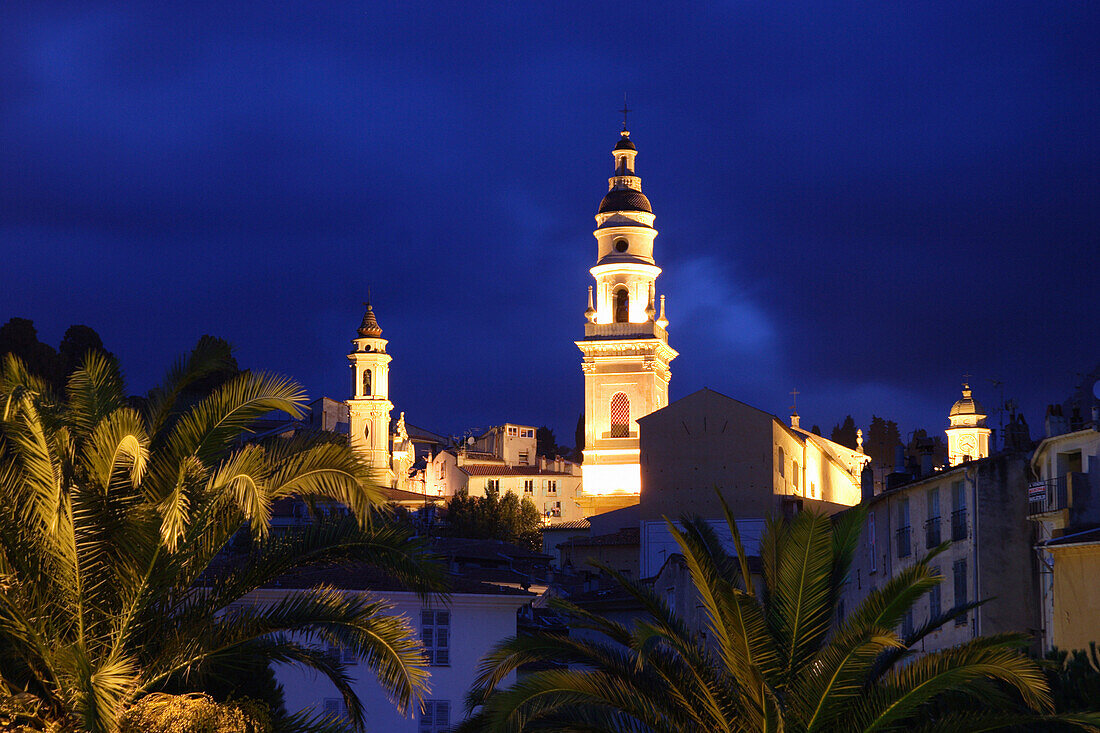 Basilica St Michel at night, Menton, Cote d'Azur, France