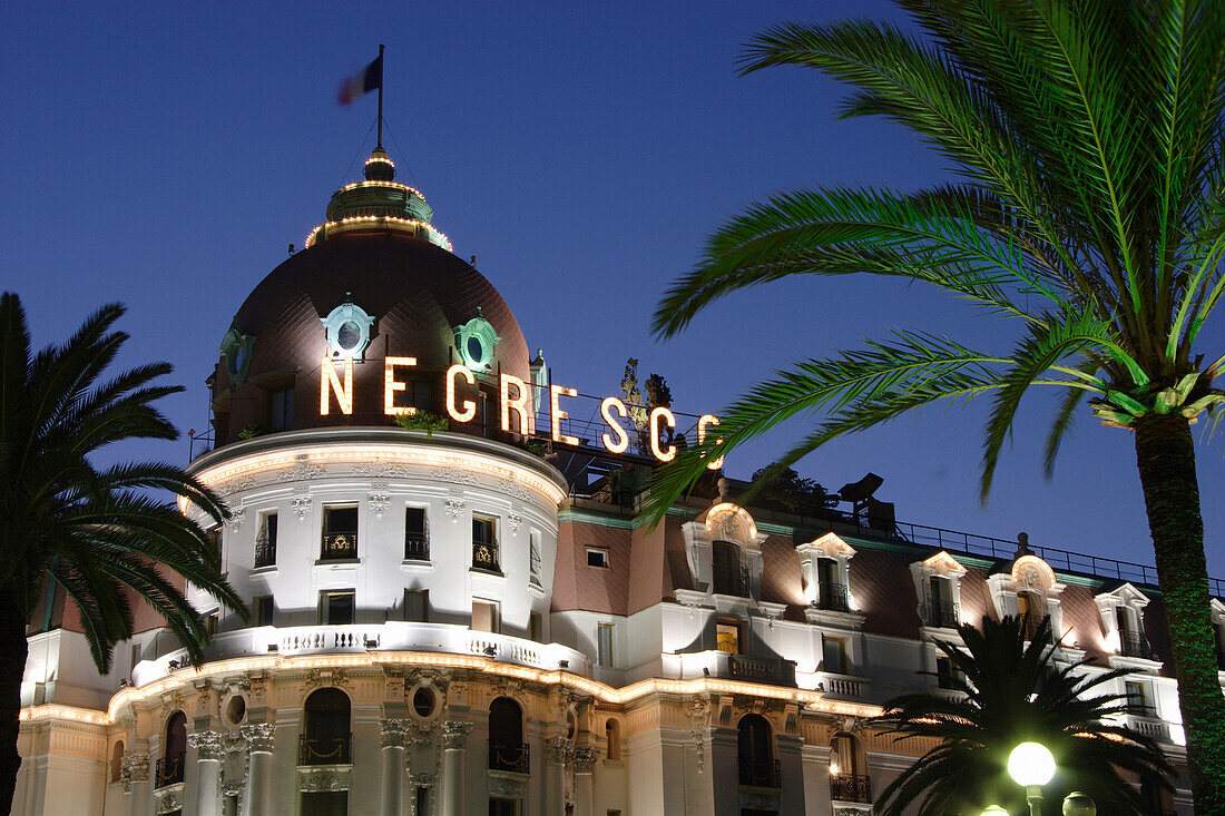 Hotel Negresco at night, Nice, Cote d'Azur, France