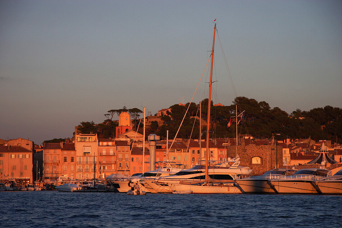 Harbour scene, luxury cruisers in quai Jean-Jaures in warm sunlight, St Tropez, Cote d'Azur, France