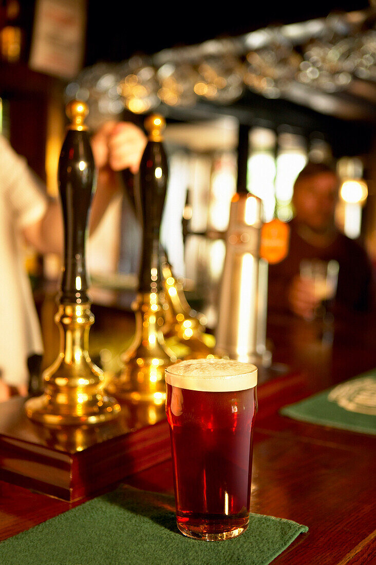 Pint of beer on pub bar counter, Beer, Food & Drink, UK, England
