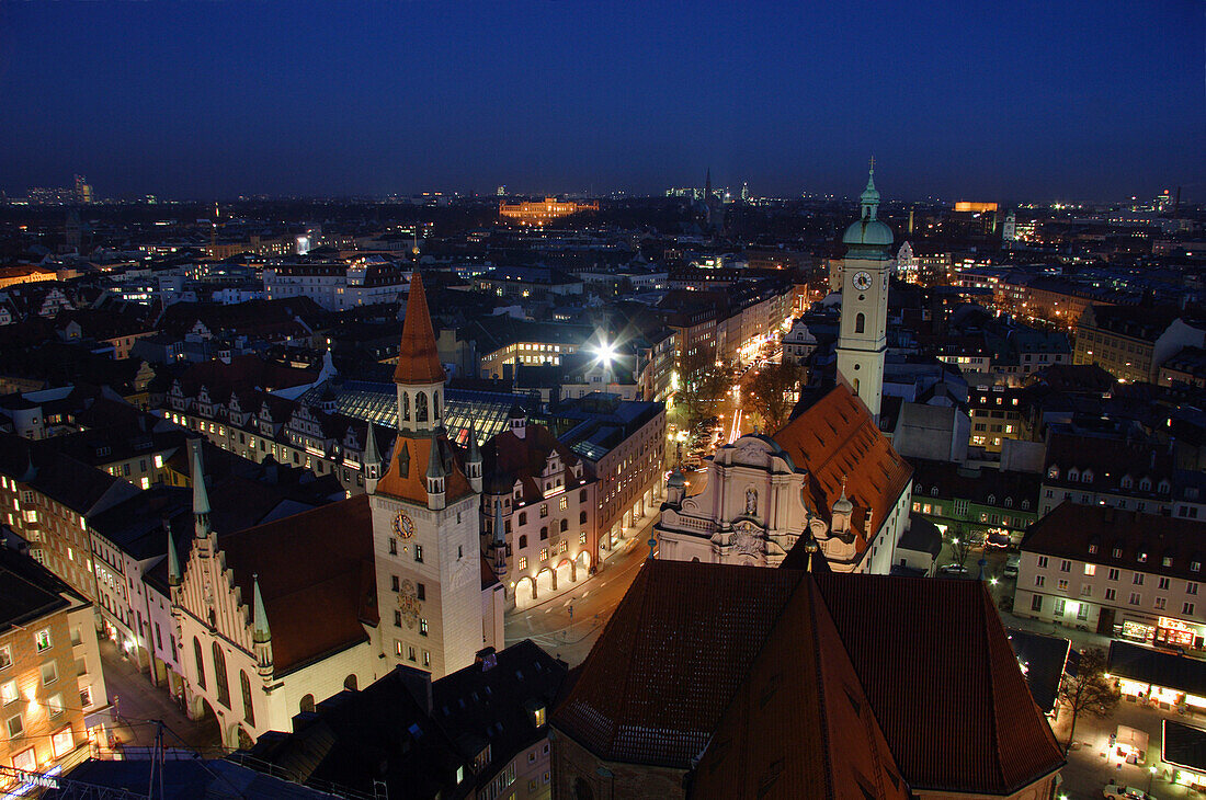 Altes Rathaus and Old Town from Alter Peter Church at night, Munich, Bavaria, Germany