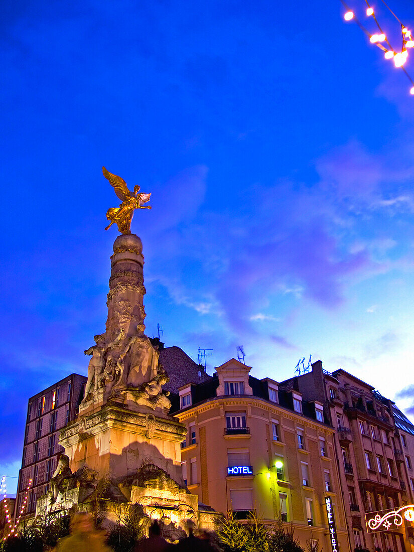 The Sube Fountain at dusk, Reims, Champagne & The Ardennes, France