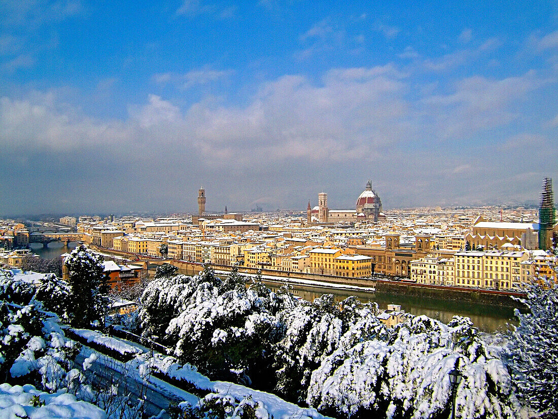 Overview of the city in snow, Florence, Tuscany, Italy
