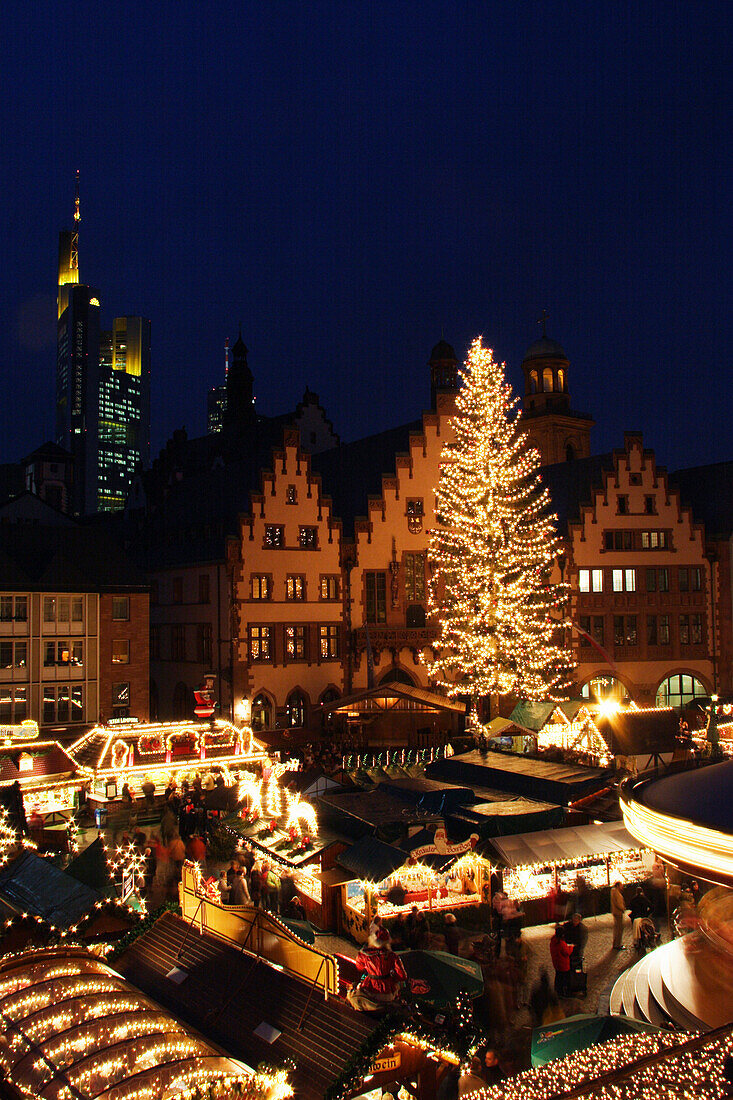 View over Altstadt Christmas Market at night, Frankfurt, Hesse, Germany