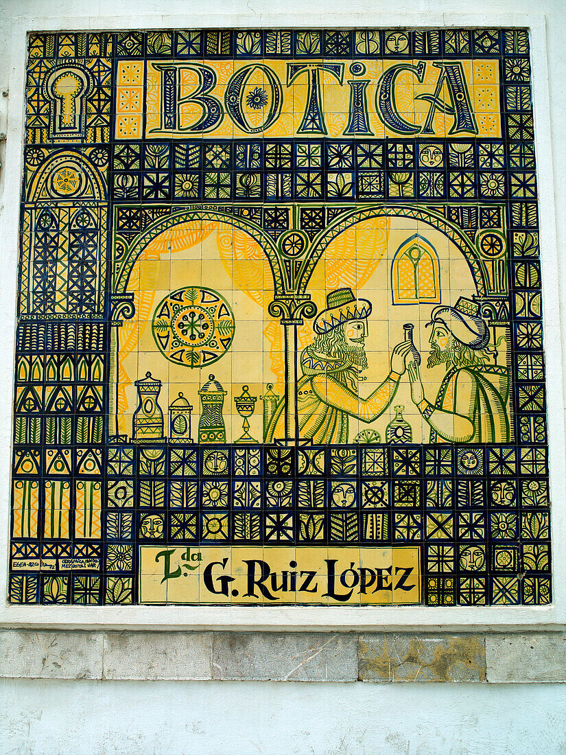Pictorial mosaic sign on chemist shop, Cordoba, Andalucia, Spain