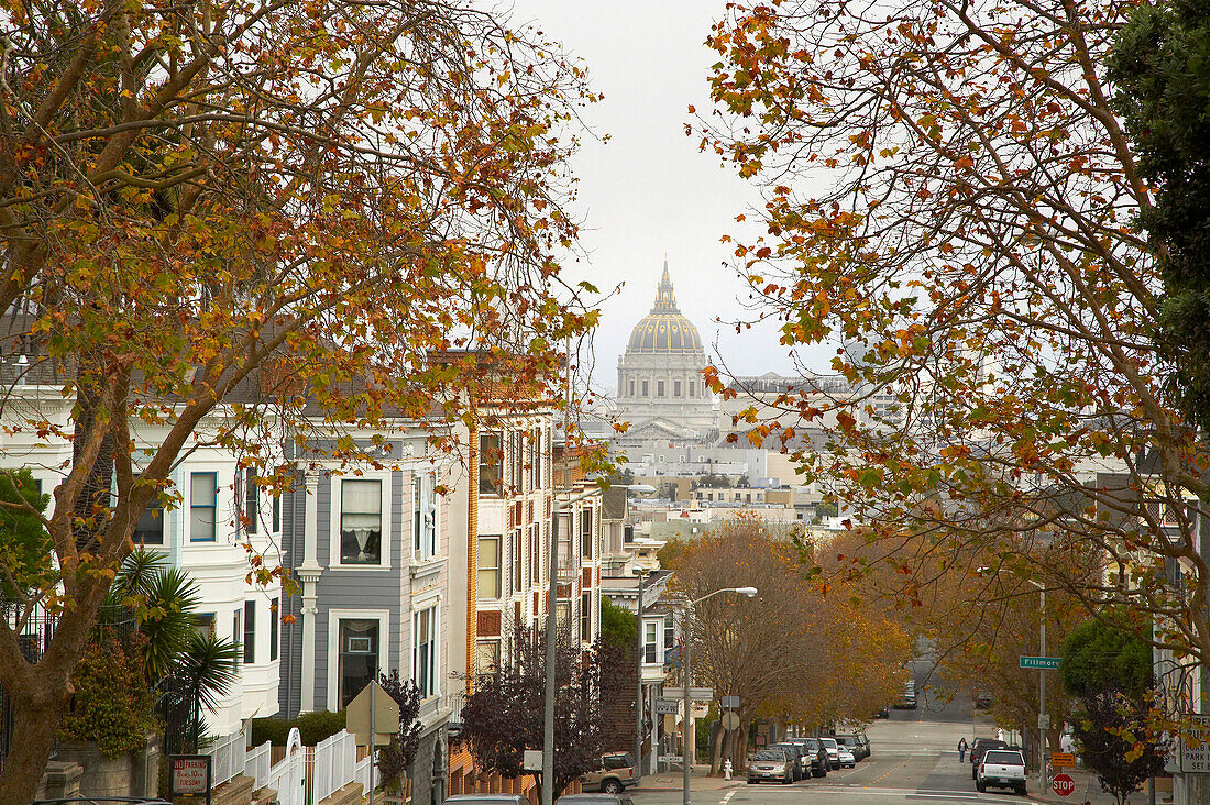 City Hall from Alamo Square in Pacific Heights in autumn, San Francisco, California, USA