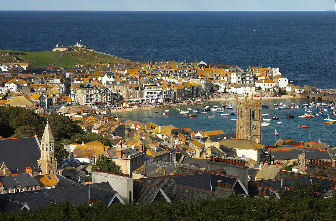 View over town and harbour, St Ives, Cornwall, UK, England