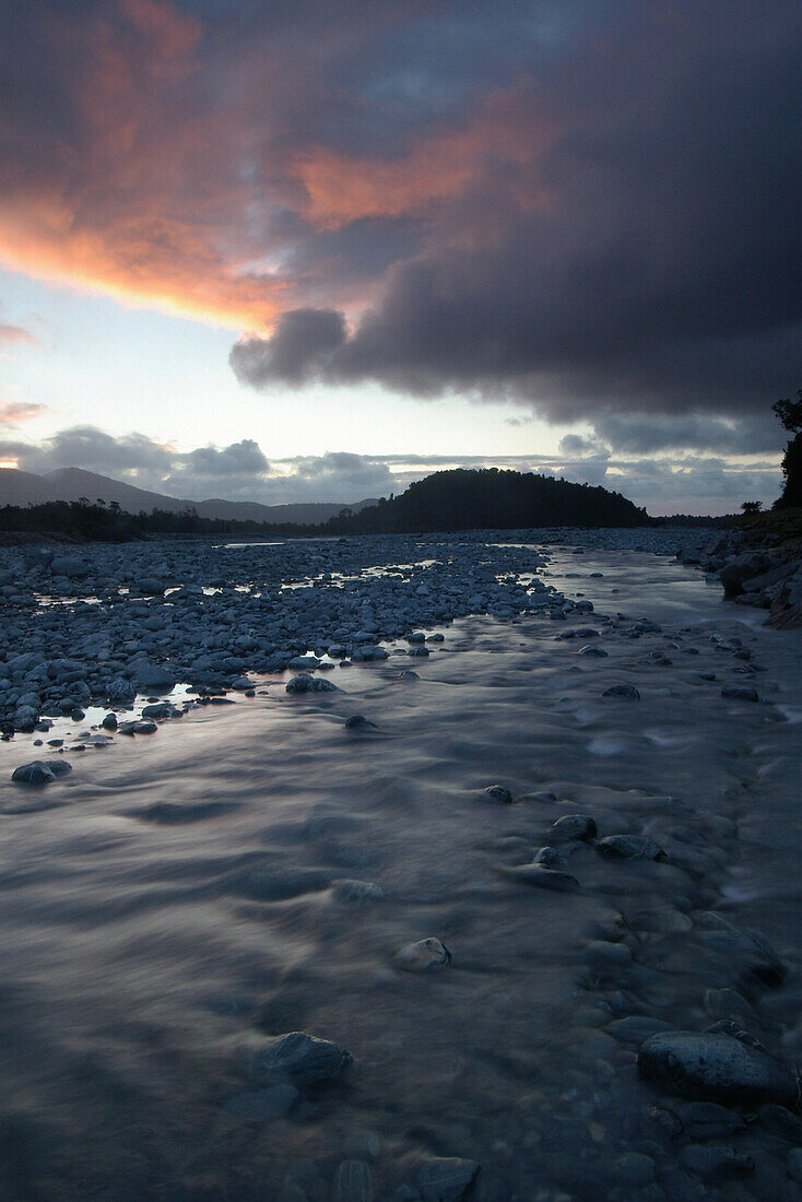 Franz Josef river at sunset, Franz Josef, near, South Island, New Zealand