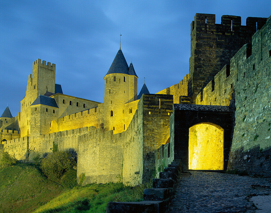 View of Walled City at Night, Carcassonne, Languedoc-Roussillon, France