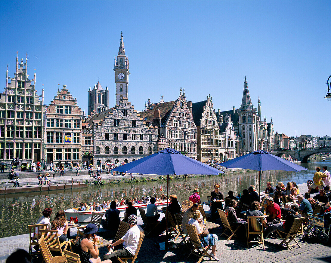 Canal Scene with Cafe, Ghent, Flanders, Belgium