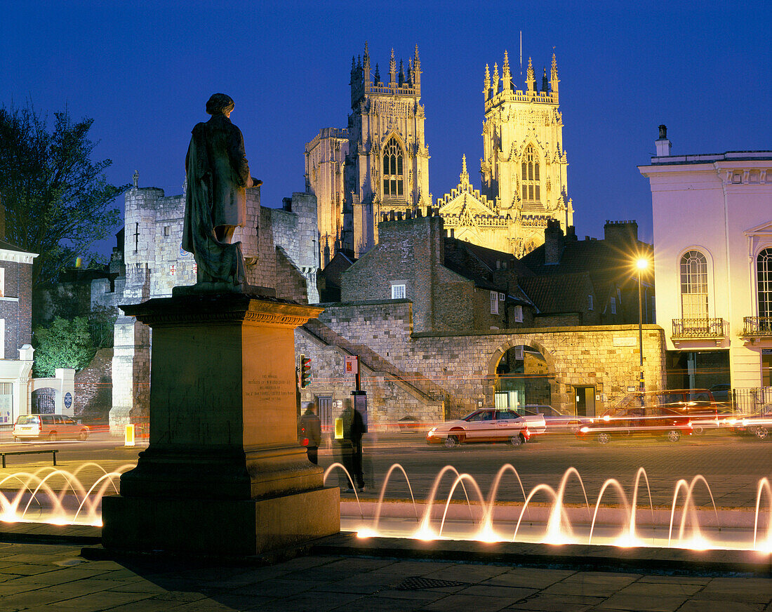 York Minster from Bootham Bar at Night, York, Yorkshire, UK, England