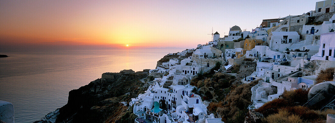 Overview of Town & Sea at Sunset, Oia, Santorini Island, Greek Islands