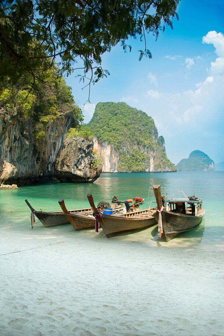 Longtail boats on beach, Krabi, Thailand