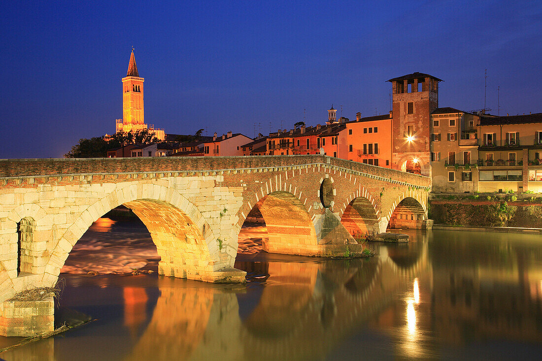 Bridge over River Adige at night, Verona, Veneto, Italy