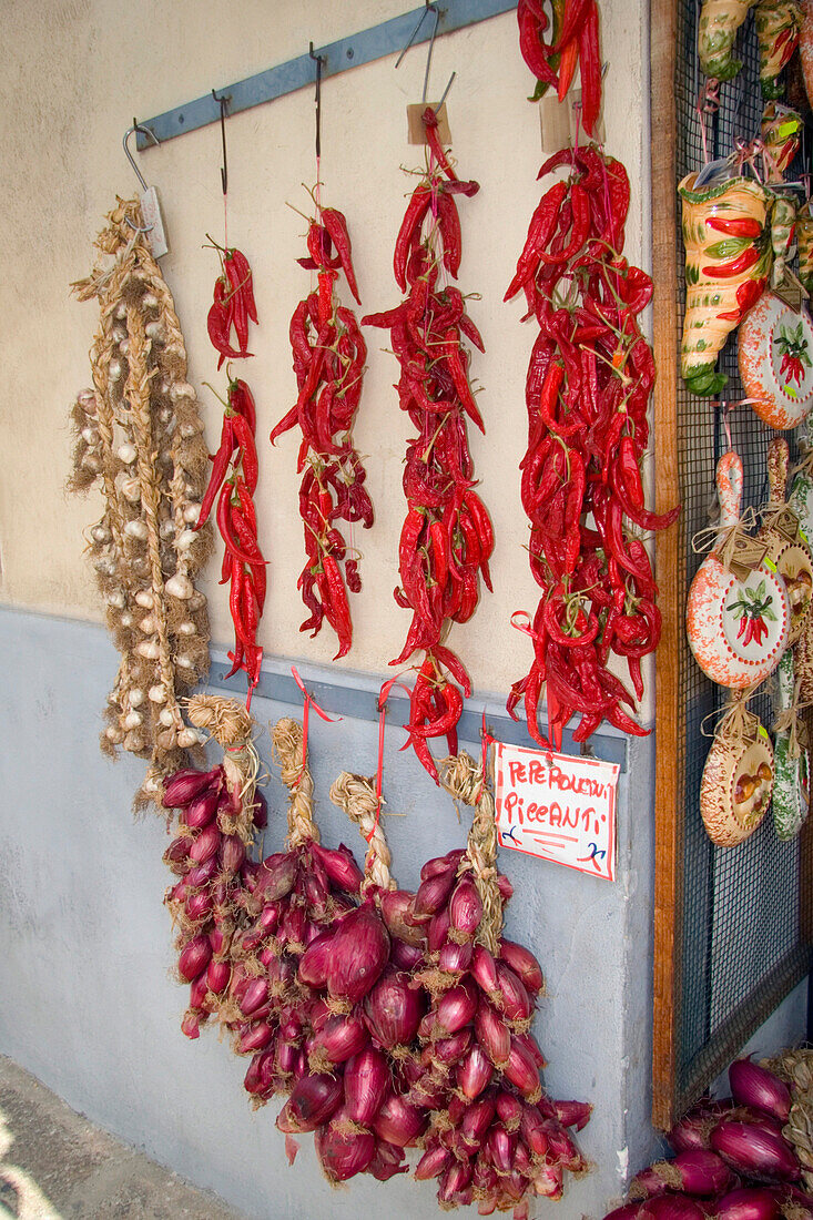 Traditional Calabrian shop display, Tropea, Calabria, Italy
