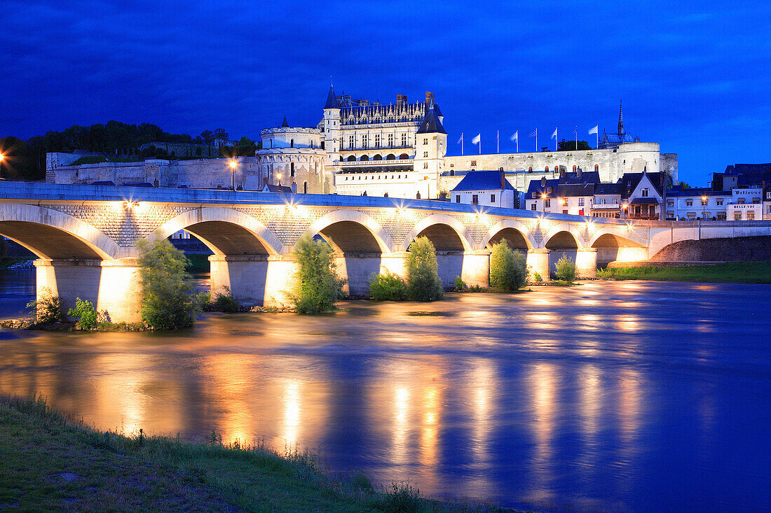 Chateau and river at night, Amboise, The Loire, France