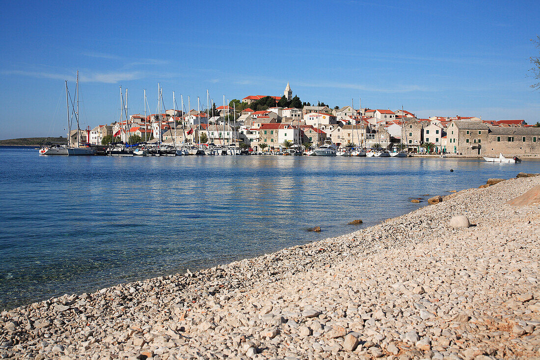 View of town from beach, Primosten, Dalmatia, Croatia