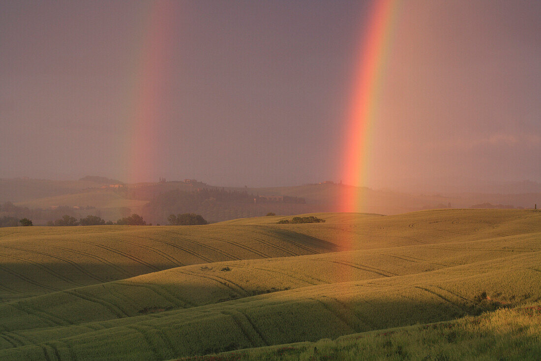Double rainbow over rolling hills, General, Tuscany, Italy