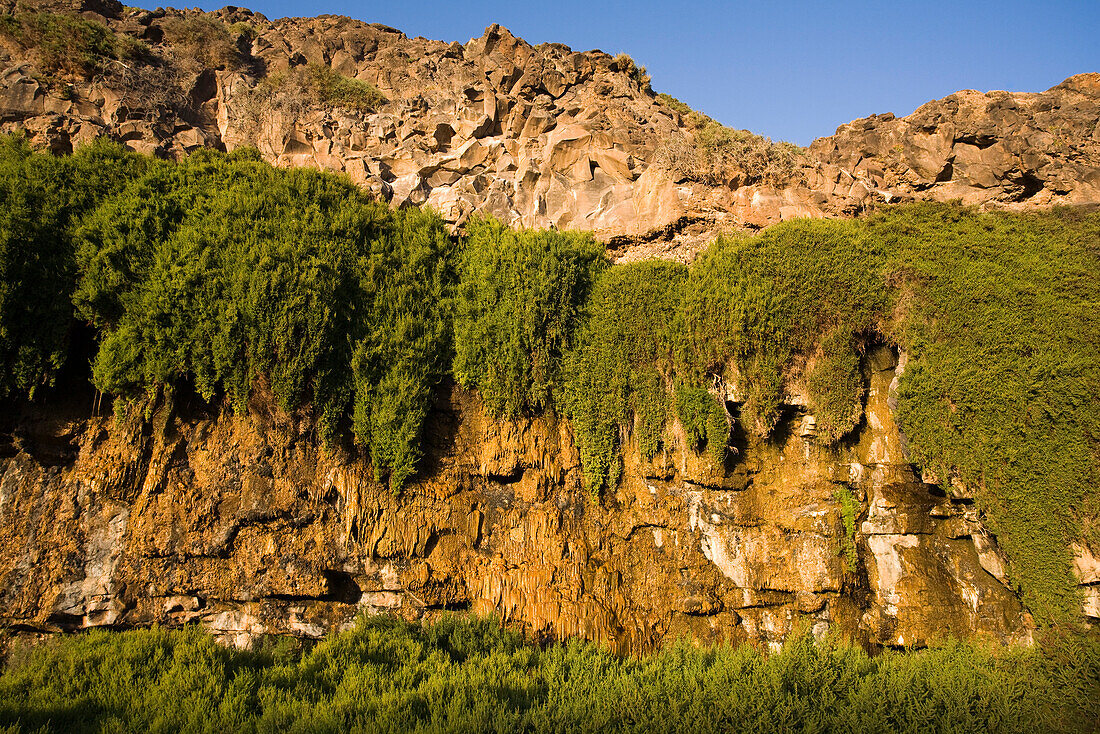 View at waterfall with calcareous sinters, Barranco de los Molinos, Parque Natural de Betancuria, Fuerteventura, Canary Islands, Spain, Europe