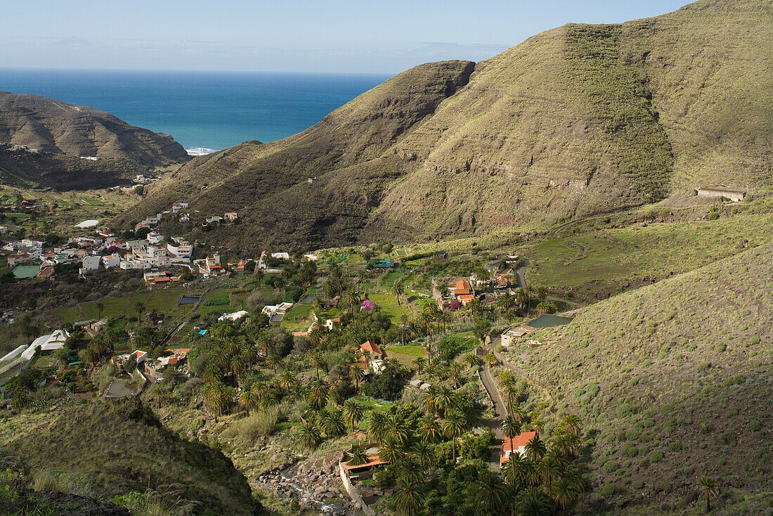 High angle view at valley and village of El Risco, Parque Natural de Tamadaba, West coast, Gran Canaria, Canary Islands, Spain, Europe