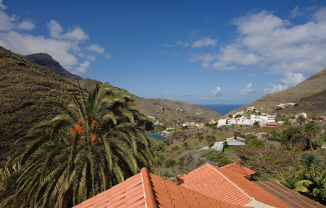 Blick vom Ferienhaus Las Rosas zum Meer Meer, Tal von El Risco, Naturpark Tamadaba, Gran Canaria, Kanarische Inseln, Spanien, Europa