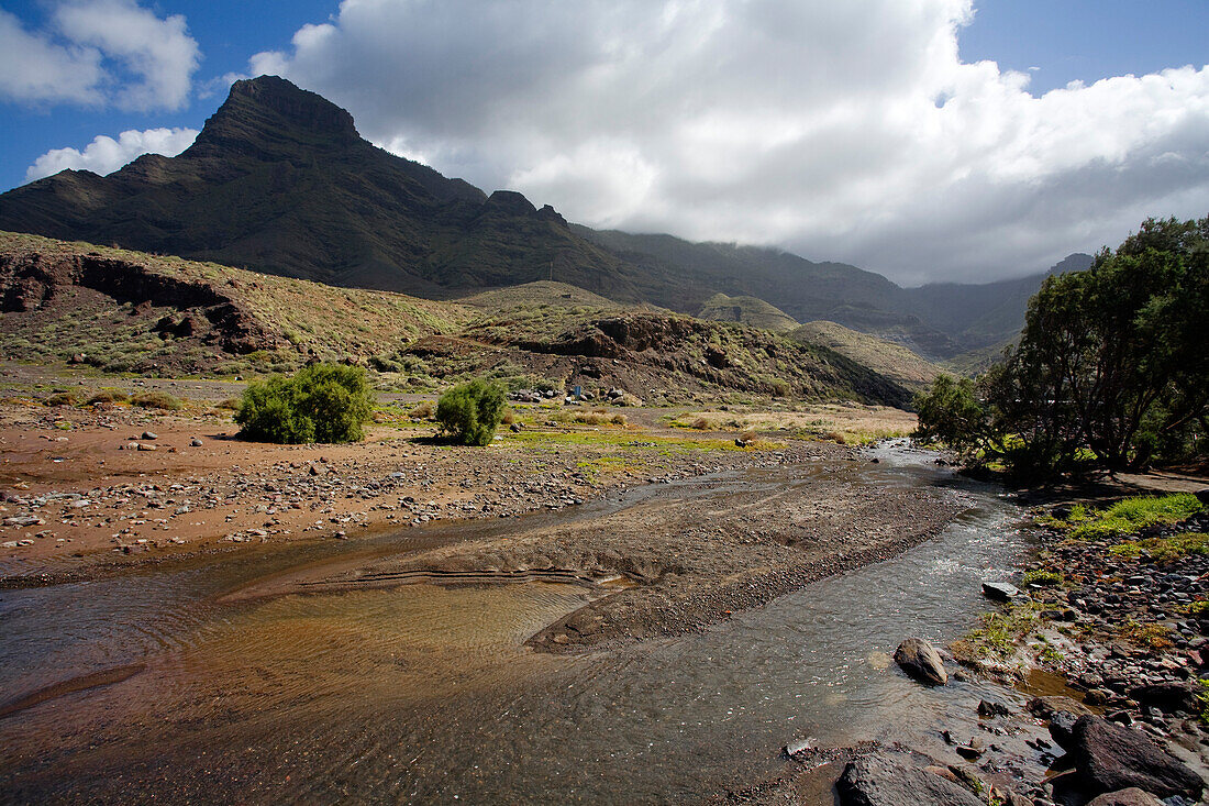 Bach im Tal von El Risco unter Wolkenhimmel, Berg Faneque, Naturpark Tamadaba, Gran Canaria, Kanarische Inseln, Spanien, Europa