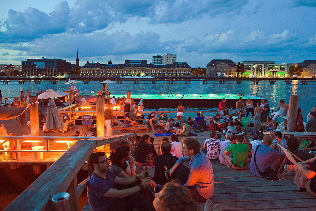 Bathing ship in River Spree at sunset, Badeschiff, Berlin, Germany