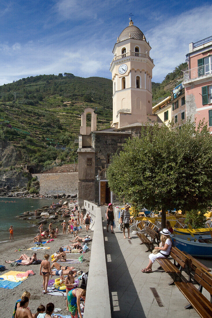 Beach and S. Margherita church, Vernazza, Cinque Terre, La Spezia, Liguria, Italian Riviera, Italy, Europe