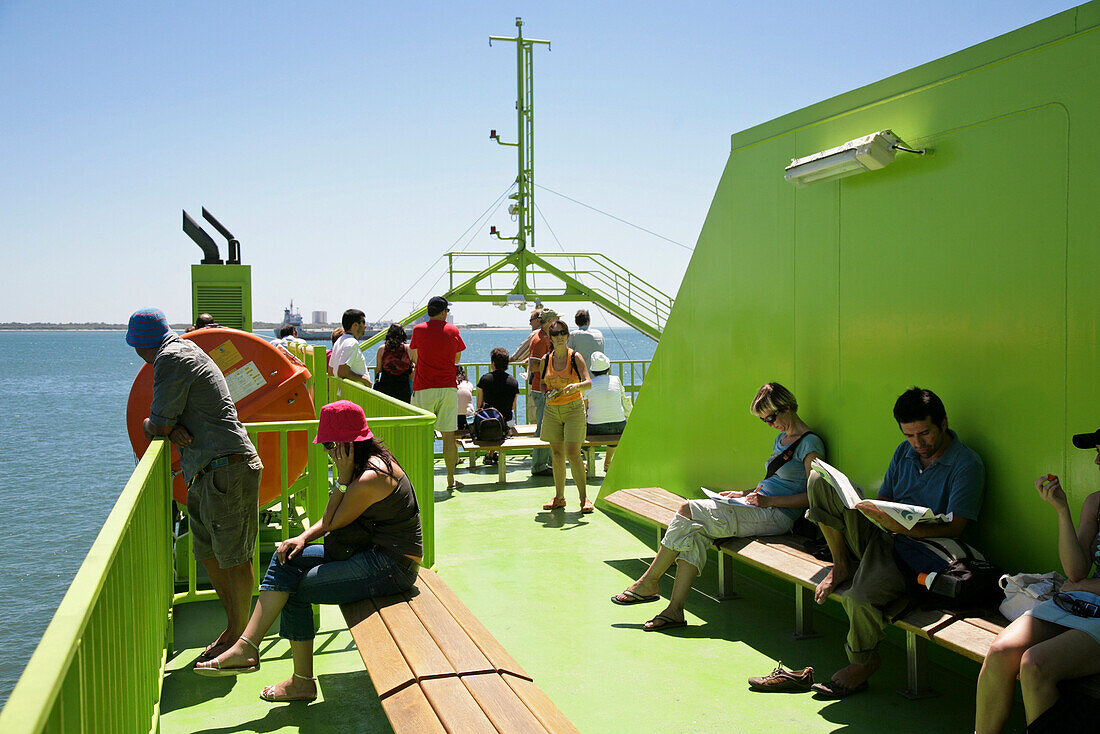 Passengers on the ferry from Setubal to Troja, Setubal, Algarve, Portugal
