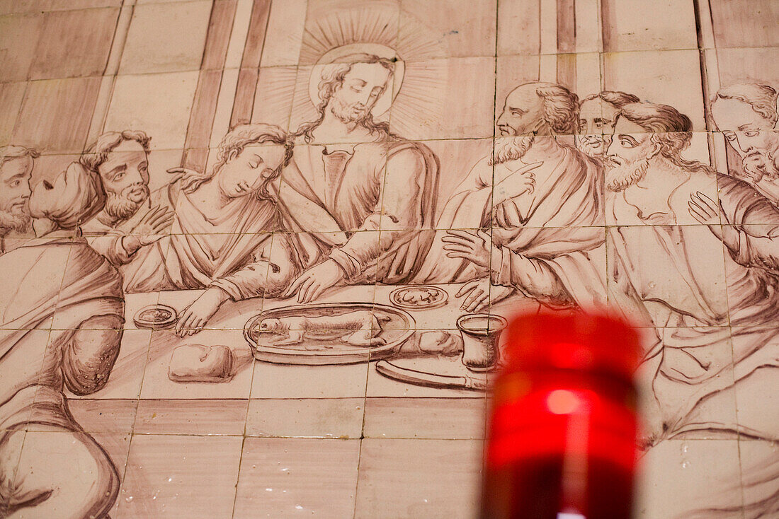 Mural in Alvor church, Jesus Christ at the Last Supper, candle, Alvor, Algarve, Portugal