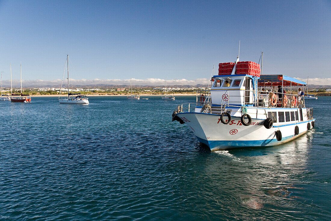 Boat to the island Ilhe de Tavira, crossing the laguna, Tavira, Algarve, Portugal