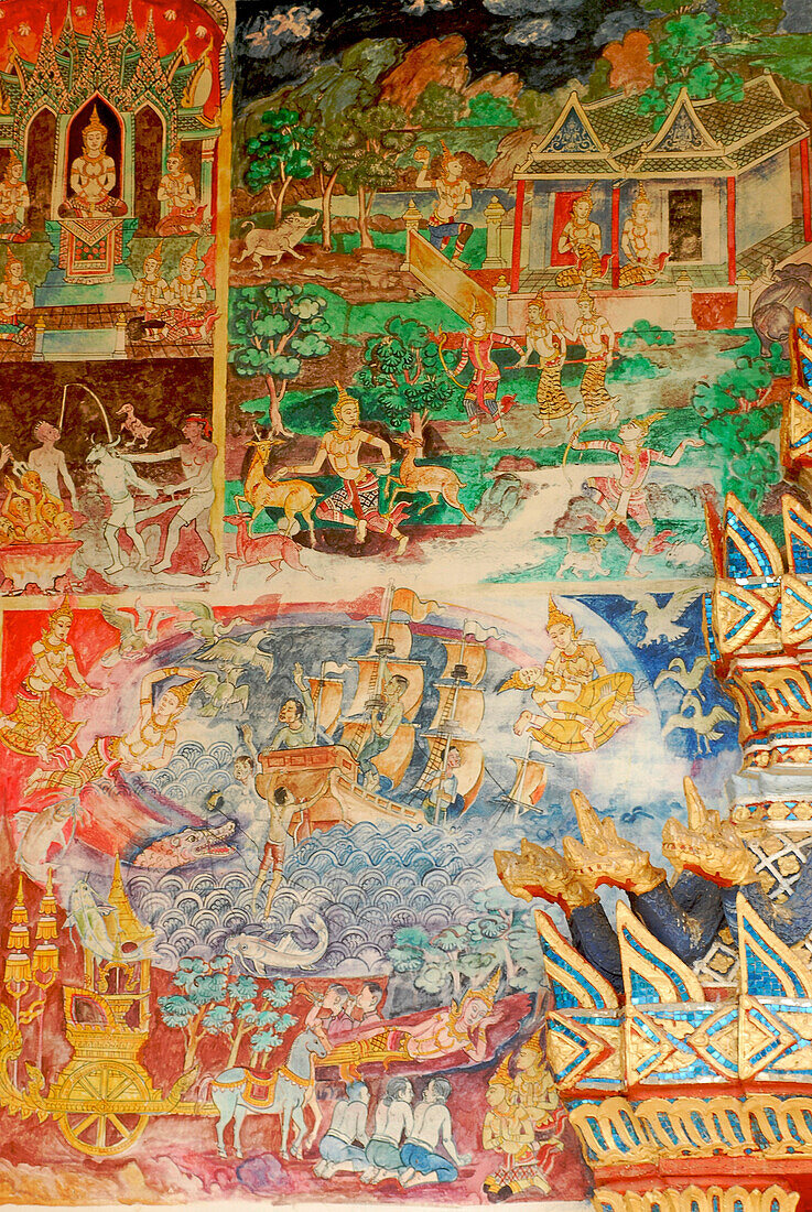 Buddhistisches Wandgemälde am Tempel in Chiang Khan, Province Loei, Thailand, Asien