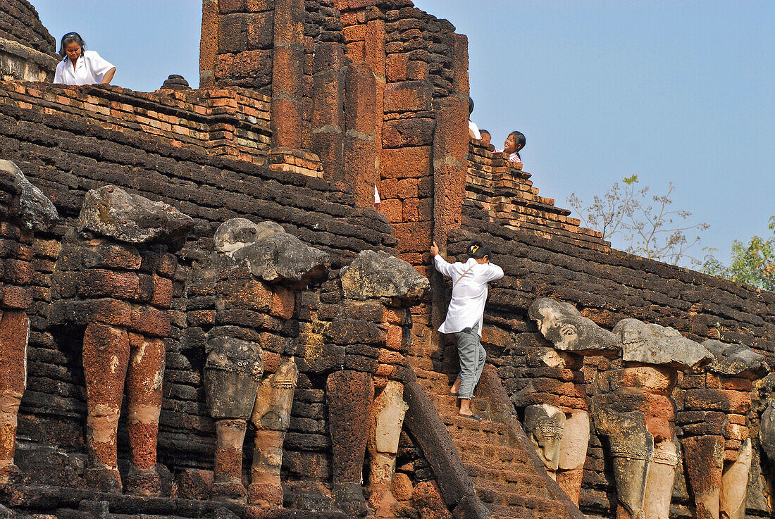 Steinerne Elefanten am Wat Chang Rop, Kamphaeng Phet, Zentralthailand, Thailand, Asien