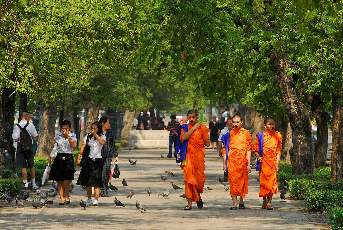 Mönche und Schulmädchen im Park, Sanam Luang, Bangkok, Thailand